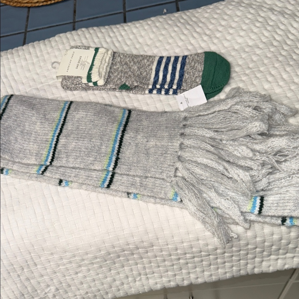 Gray and Green Striped Scarf and Socks Set
